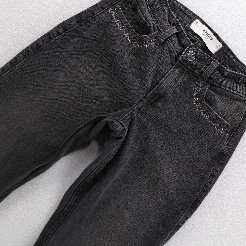 Hollister High-Rise Flare Jeans Women 0S W25 Short Faded Black Rhinestone Stud